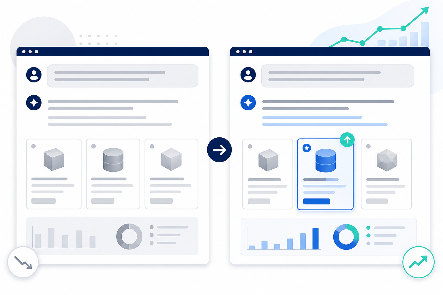 Illustration: A before-and-after split screen showing a ChatGPT-style answer box: on the left, a customer query answered without the brand mentioned; on the right, the same query answered with the brand cited and recommended for Turning AI Visibility Data Into a Winning QBR Presentation