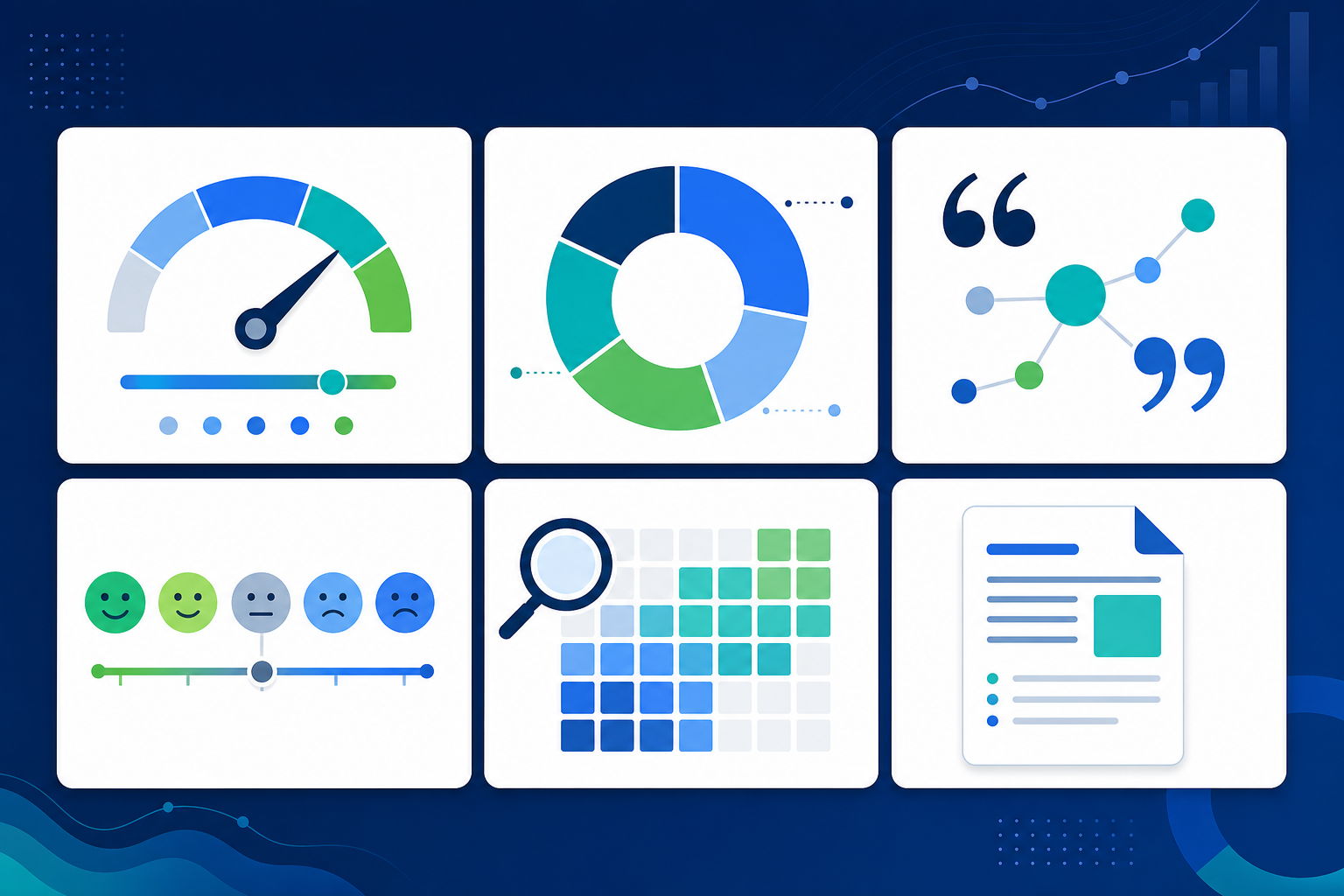 Infographic: A dashboard-style infographic showing six key metrics in a grid: visibility score, share of voice, citation frequency, sentiment, query coverage, and legibility score, each with a simple icon and sample number for Turning AI Visibility Data Into a Winning QBR Presentation