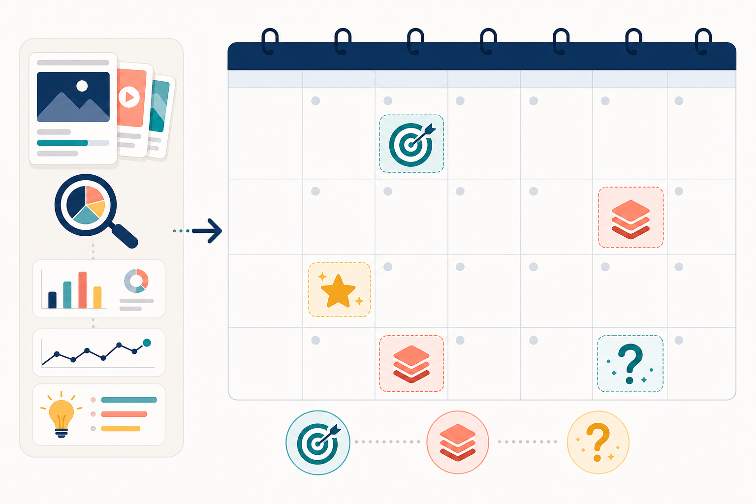 Infographic: A monthly calendar grid mockup with 3-5 highlighted test slots labelled 'angle test', 'format test', and 'wildcard', plus a small sidebar showing a weekly digest icon feeding into the calendar, flat infographic style for Turning Competitor Ad Data Into Your Creative Testing Plan