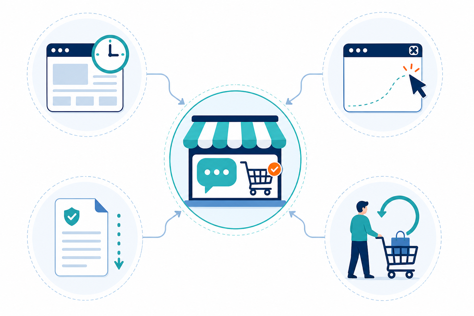 Chart: A simple flowchart showing four proactive chat triggers: time on page, exit intent, scroll depth on policy pages, and returning cart abandoners, each with a small icon for Turning Live Chat Into a Sales Channel for Online Stores