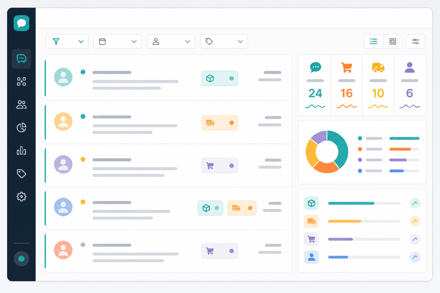 Illustration: A dashboard mockup showing tagged and filtered chat conversations with labels like 'sizing question', 'shipping concern', and 'high intent', in a clean SaaS interface style. Caption: Example of a tagging view for chat conversations; label taxonomy and thresholds should be adapted to your own store. for Turning Live Chat Into a Sales Channel for Online Stores