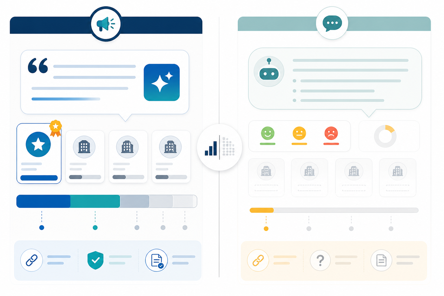 Infographic: A side-by-side comparison table graphic contrasting 'Share of Voice' (direct citations vs named competitors, percentage-based) against 'Soft Mentions' (descriptive references, sentiment-tagged, lower weight), clean two-column infographic style with icons for Understanding Your AI Visibility Score, Explained