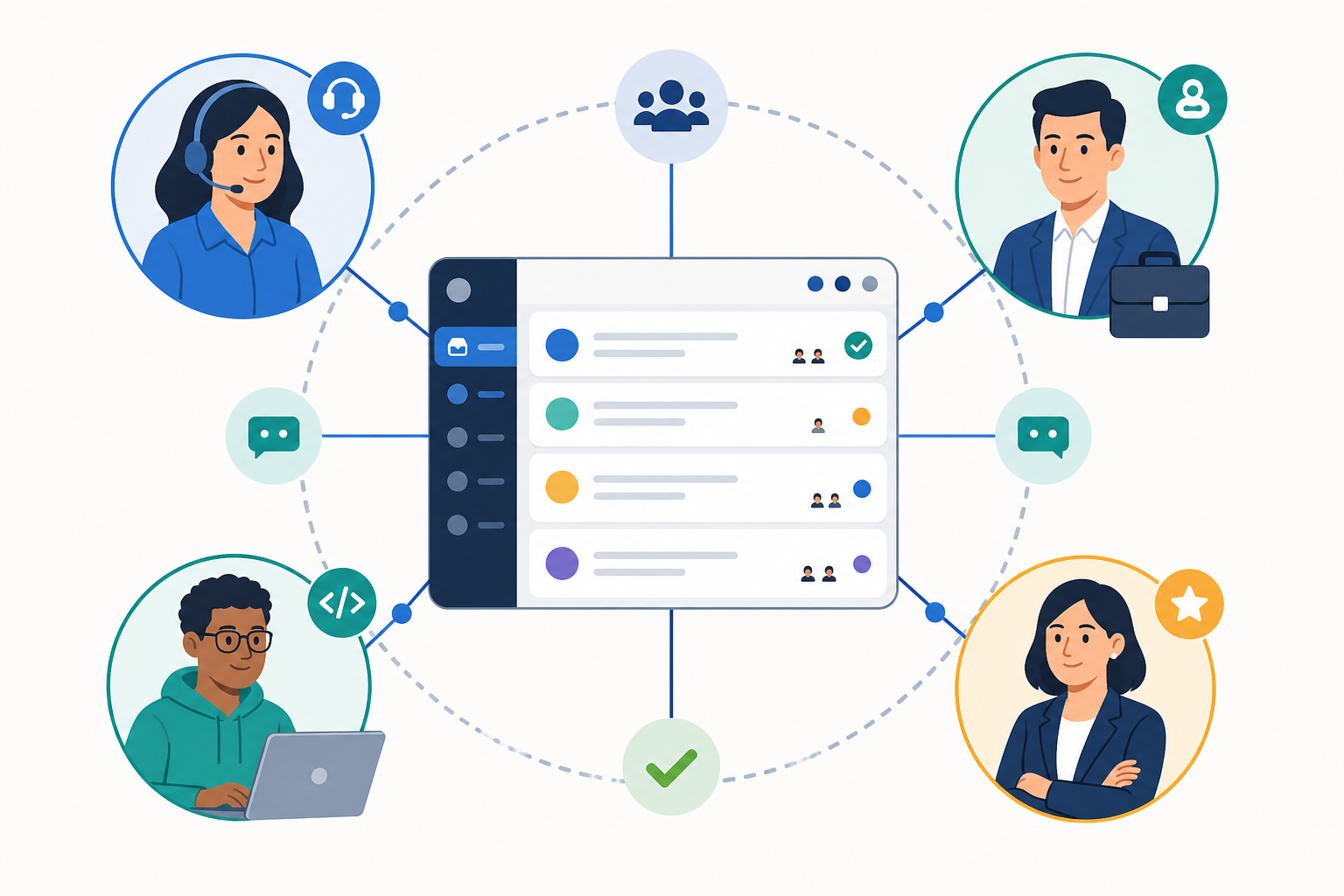 Diagram: A diagram showing a shared inbox at the center with multiple team member icons (support, sales, engineering, founder) connected to it, illustrating flexible coverage and shared access, flat icon style for Unlimited Agents, One Flat Price: What It Means for Your Team