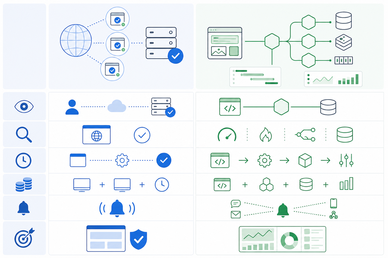 Comparison: A clean two-column comparison table graphic contrasting Uptime Monitoring and APM across vantage point, primary question, setup time, typical cost drivers, alerting style, and best use case. Minimal, modern SaaS dashboard aesthetic with blue and green accent colors. for Uptime Monitoring vs APM: What's the Real Difference?