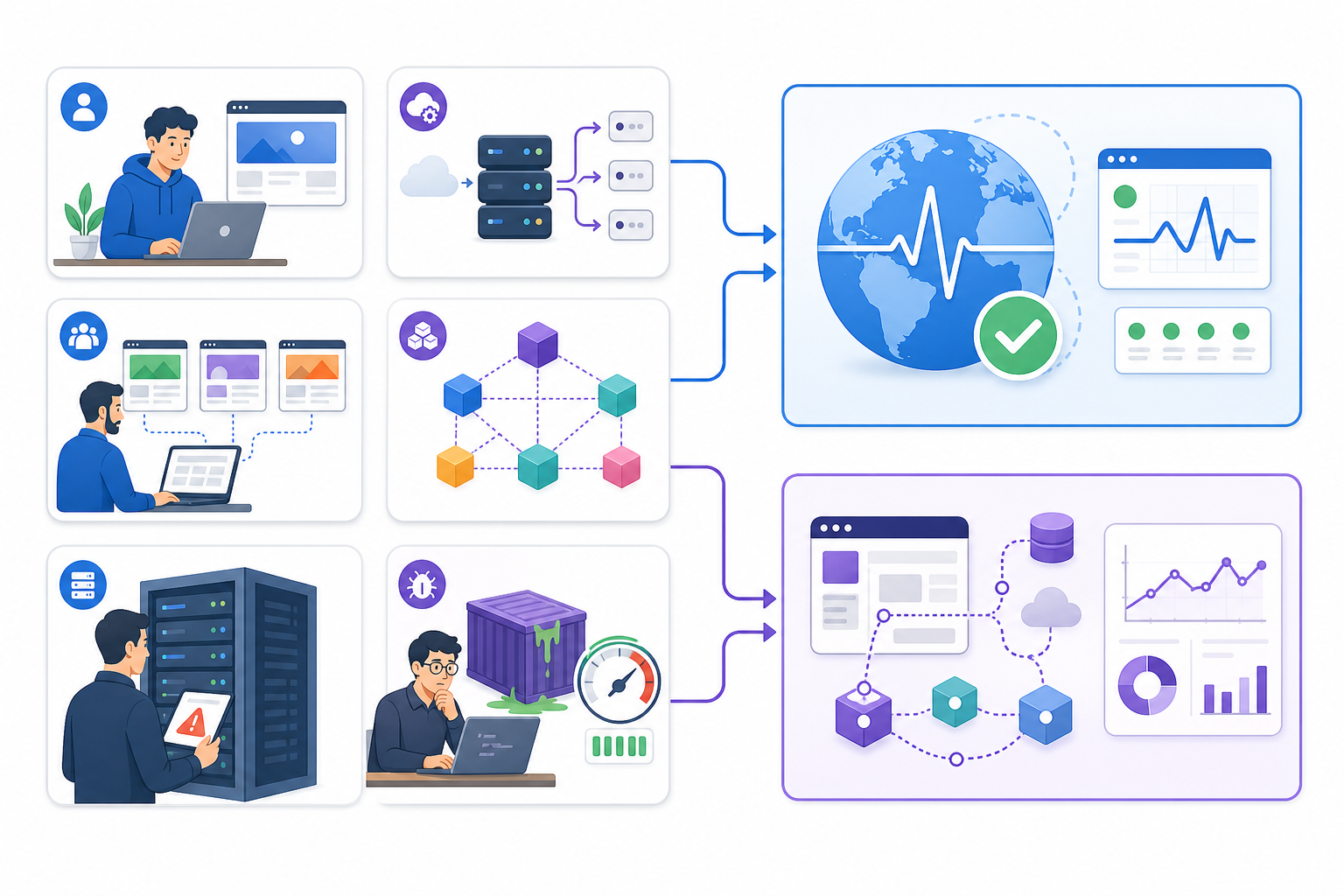 Diagram: A simple flow diagram showing six icons representing different team scenarios (solo developer, API team, startup with microservices, agency managing client sites, team debugging a memory leak, team with a resource/infrastructure issue) each pointing to the monitoring category best suited to their need. for Uptime Monitoring vs APM: What's the Real Difference?