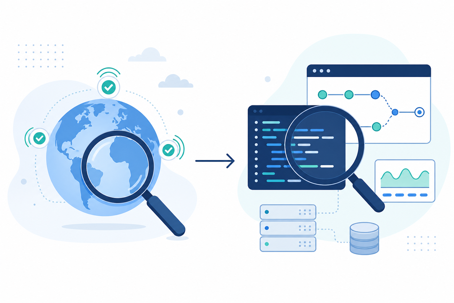 Illustration: A friendly header illustration showing two side-by-side icons: a magnifying glass over a globe (representing external uptime checks) and a magnifying glass over lines of code (representing internal APM tracing), connected by a simple arrow. Flat design, blue and teal colour scheme. for Uptime Monitoring vs. APM: Which One Does Your Team Need?