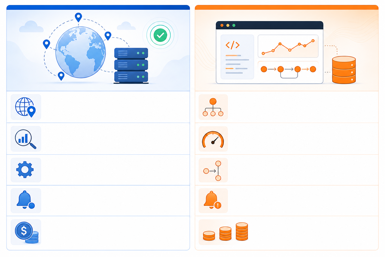 Comparison: A clean two-column comparison table graphic titled 'Uptime Monitoring vs APM' listing vantage point, granularity, setup complexity, alert triggers, and cost model side by side, modern SaaS dashboard aesthetic, blue and orange accent colors for Uptime Monitoring vs. Application Performance Monitoring Explained
