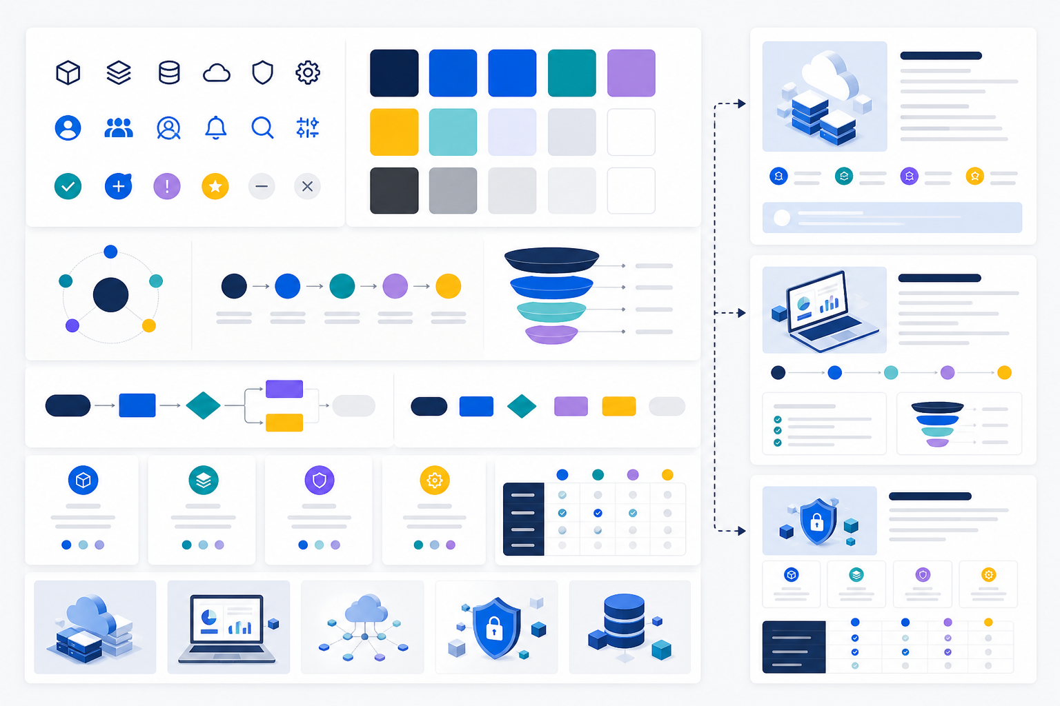 Diagram: A style guide mockup showing consistent icon sets, colour palette swatches, and diagram templates used across a series of product blog posts for Using AI Diagrams and Images to Boost Product Content