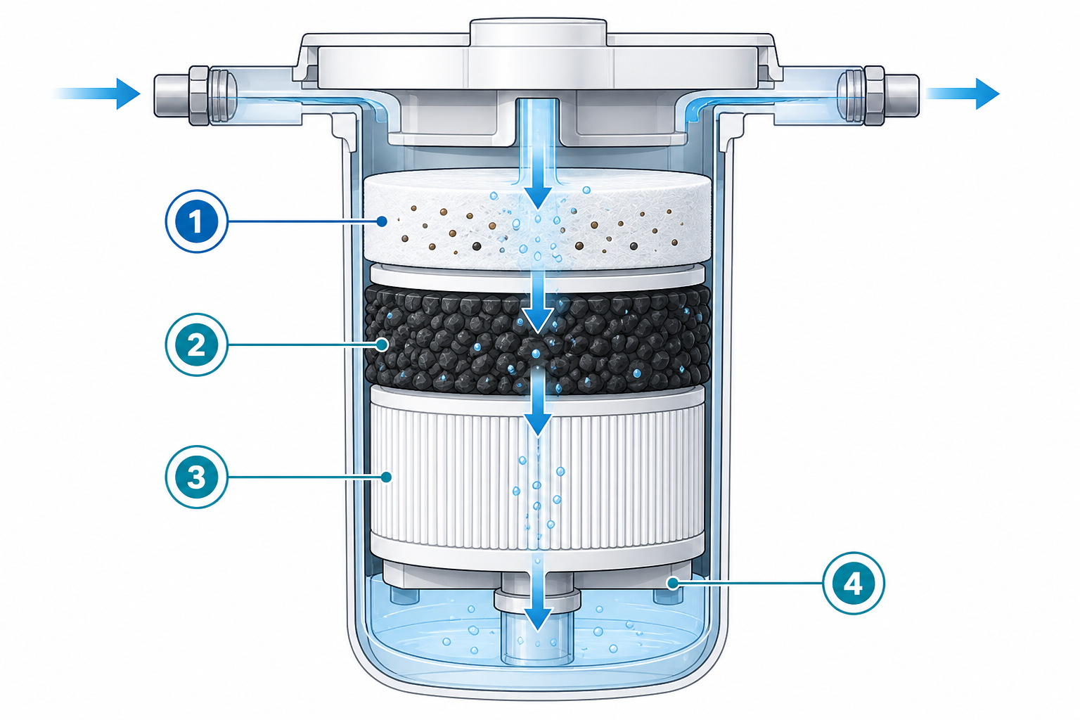 Diagram: A simple labelled diagram showing the internal stages of a water filtration product, using clean line-art style with numbered callouts for Using AI Diagrams and Images to Boost Product Content