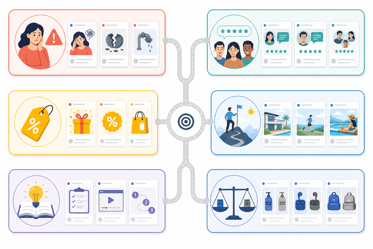 Diagram: A simple diagram showing six labeled buckets—pain-point, social proof, offer/discount, aspirational, educational, comparison—each with small icon representations of sample ad creatives sorted into them for Using Competitor Ad Data to Build Your Creative Testing Roadmap