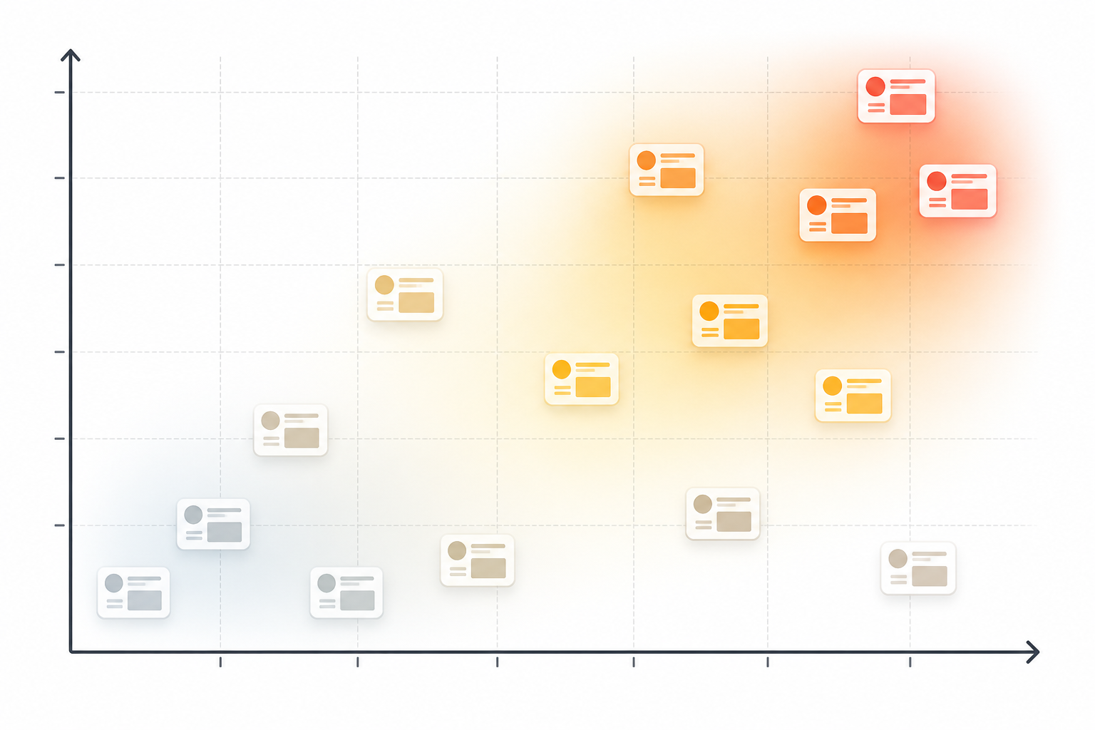 Illustration: A visual scoring matrix or heat map showing competitor ad angles plotted against 'longevity' and 'frequency' axes, with high-signal angles highlighted in a warm color and low-signal ones faded out for Using Competitor Ad Data to Build Your Creative Testing Roadmap