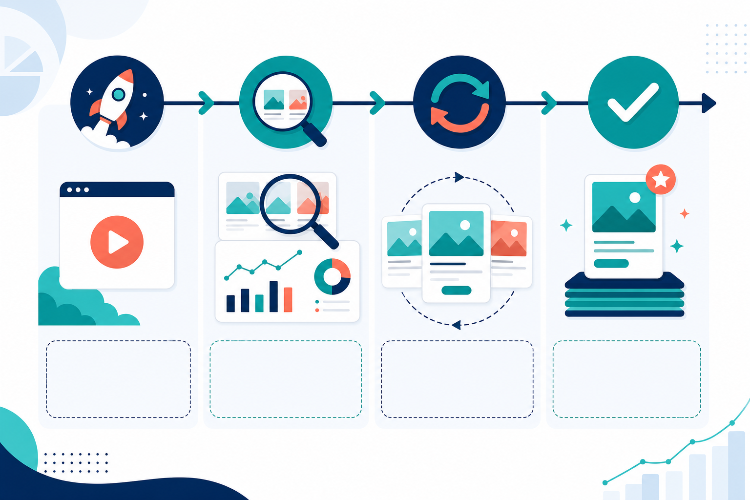 Infographic: A horizontal 4-week calendar infographic showing test rotation stages: Week 1 launch, Week 2 review, Week 3 iterate, Week 4 consolidate, with simple icons for each stage for Using Competitor Ad Data to Build Your Creative Testing Roadmap