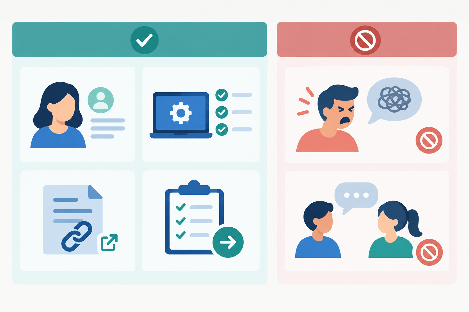 Infographic: Infographic with two columns titled 'Good for internal notes' and 'Keep out of notes', using simple icons for customer background, steps tried, links, and decisions on one side, and venting or unrelated chatter on the other for Using Internal Notes to Improve Team Collaboration in Support