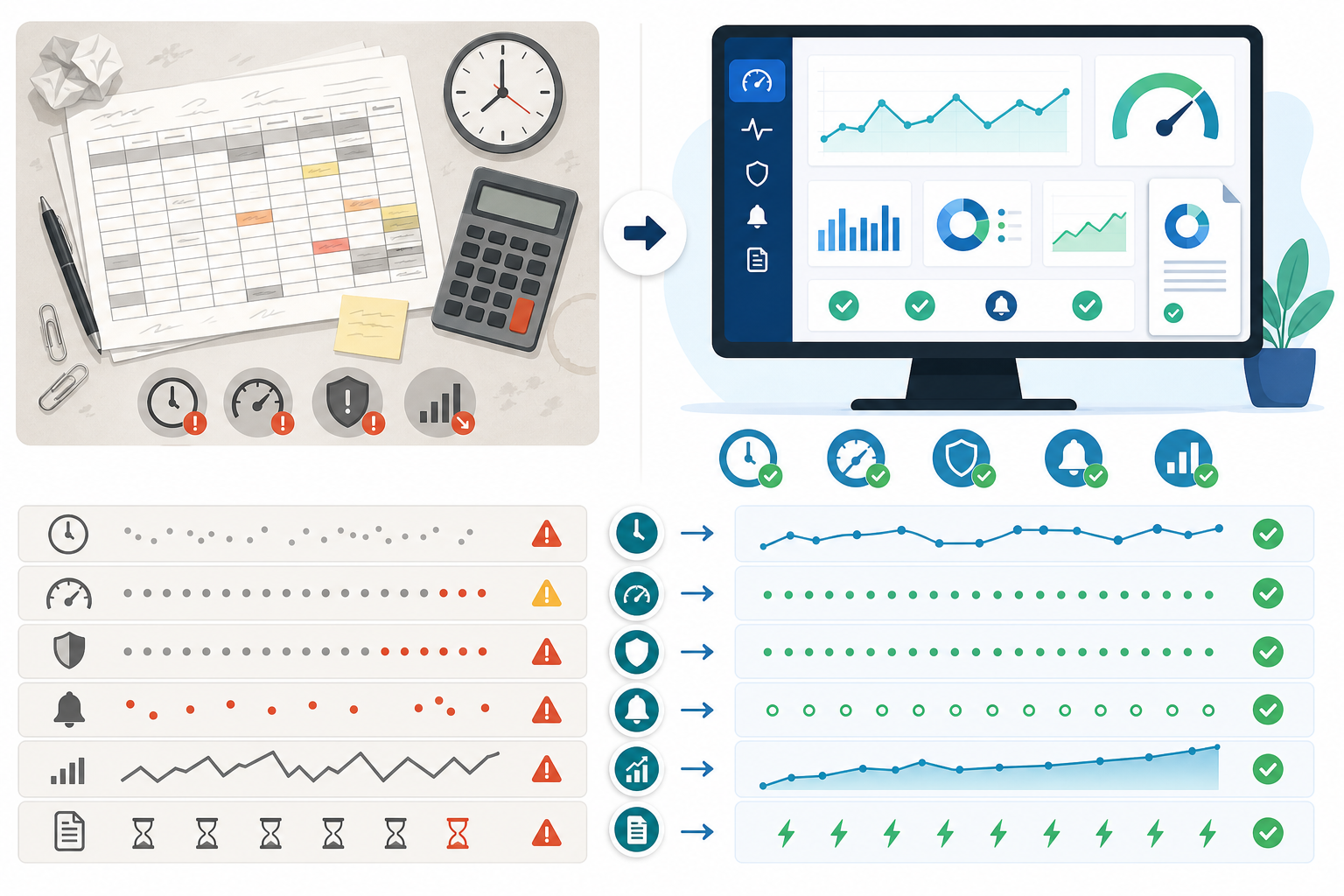 Comparison: A side-by-side comparison table graphic contrasting manual spreadsheet reporting with an automated monitoring dashboard report, labelled with the metrics each approach captures for Using Response-Time Analytics to Prove SLA Compliance to Clients