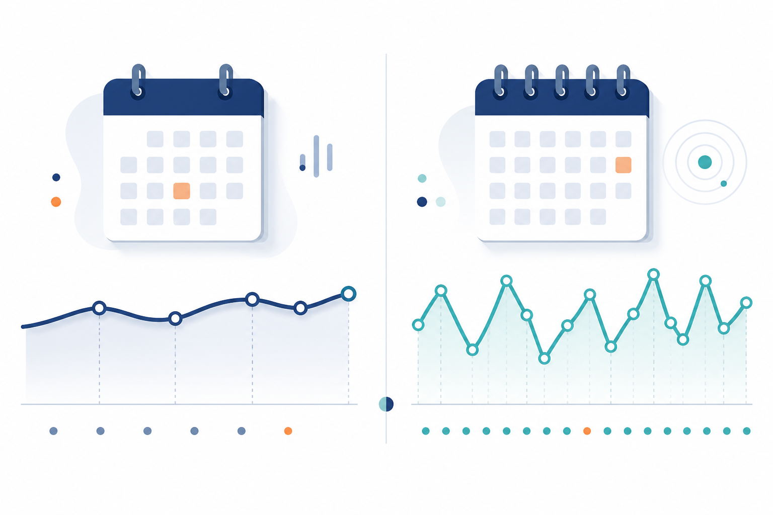 Comparison: A side-by-side comparison illustration of a calendar showing 'monthly report' with a slow-moving line versus a calendar showing 'weekly digest' with a volatile, fast-changing line, minimal flat design. Alt text: Illustration contrasting a stable monthly SEO reporting trend line with a volatile weekly AI visibility trend line. Caption: Illustrative comparison only — actual volatility varies by account, query volume, and industry. for Weekly AI Visibility Digests: A New Deliverable for Agencies