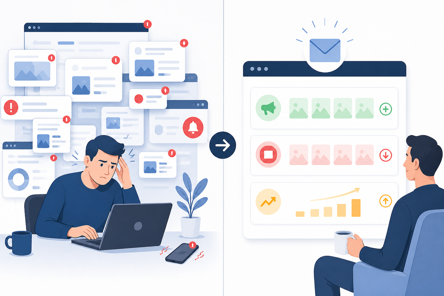 Comparison: A simple before-and-after comparison graphic showing a cluttered notification feed versus a clean weekly digest email with clear sections for new, stopped, and scaling ads for Weekly vs. Real-Time Ad Monitoring: Which Cadence Wins?