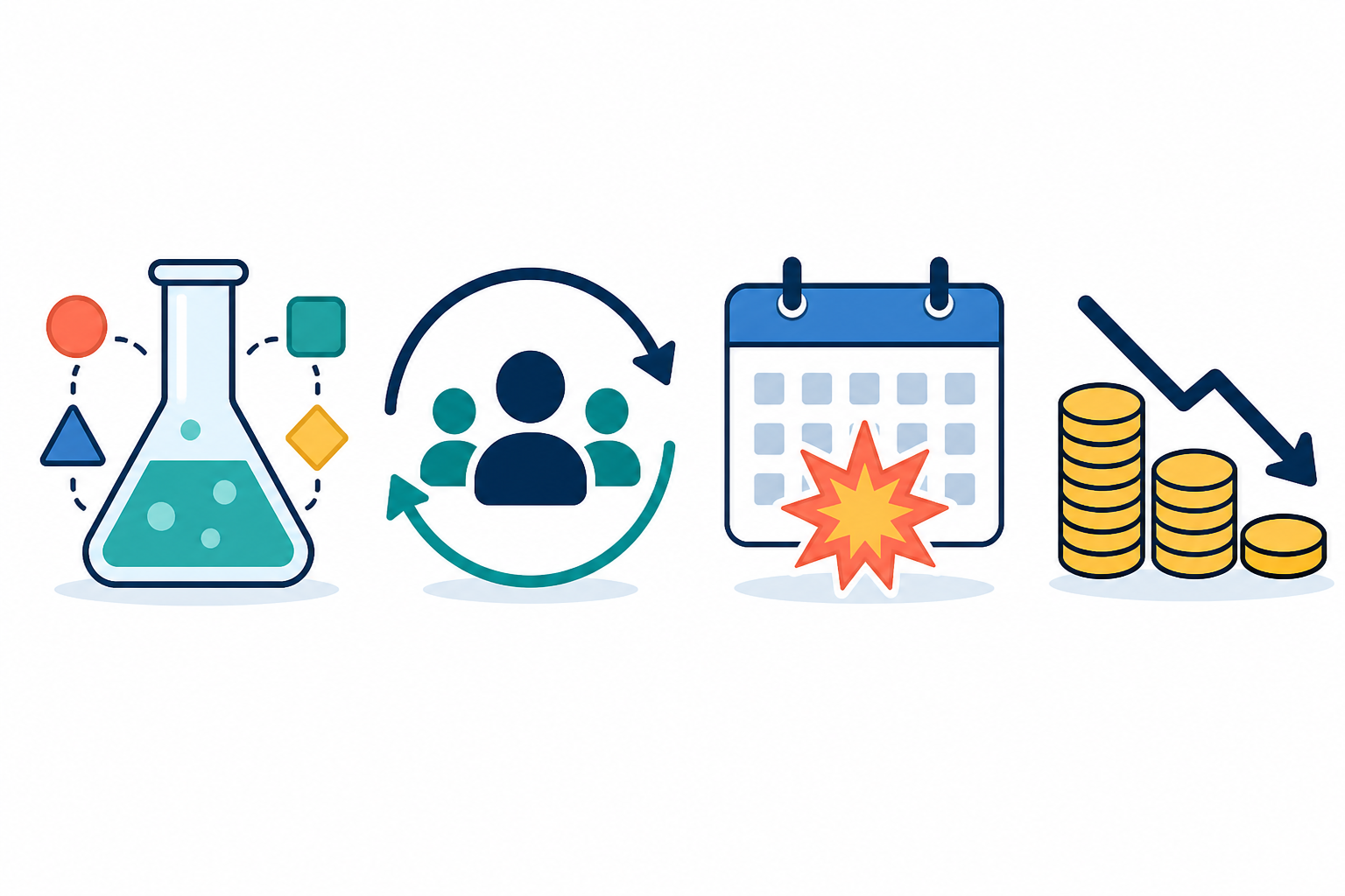 Infographic: A simple infographic with four labelled icons in a row: a flask for creative testing, a rotating arrow for avoiding audience fatigue, a calendar with a starburst for seasonal pushes, and a coin stack with a downward arrow for budget flush. Clean flat icon style, consistent colour palette, minimal text labels beneath each icon. for What Ad Frequency Really Tells You About a Competitor's Strategy