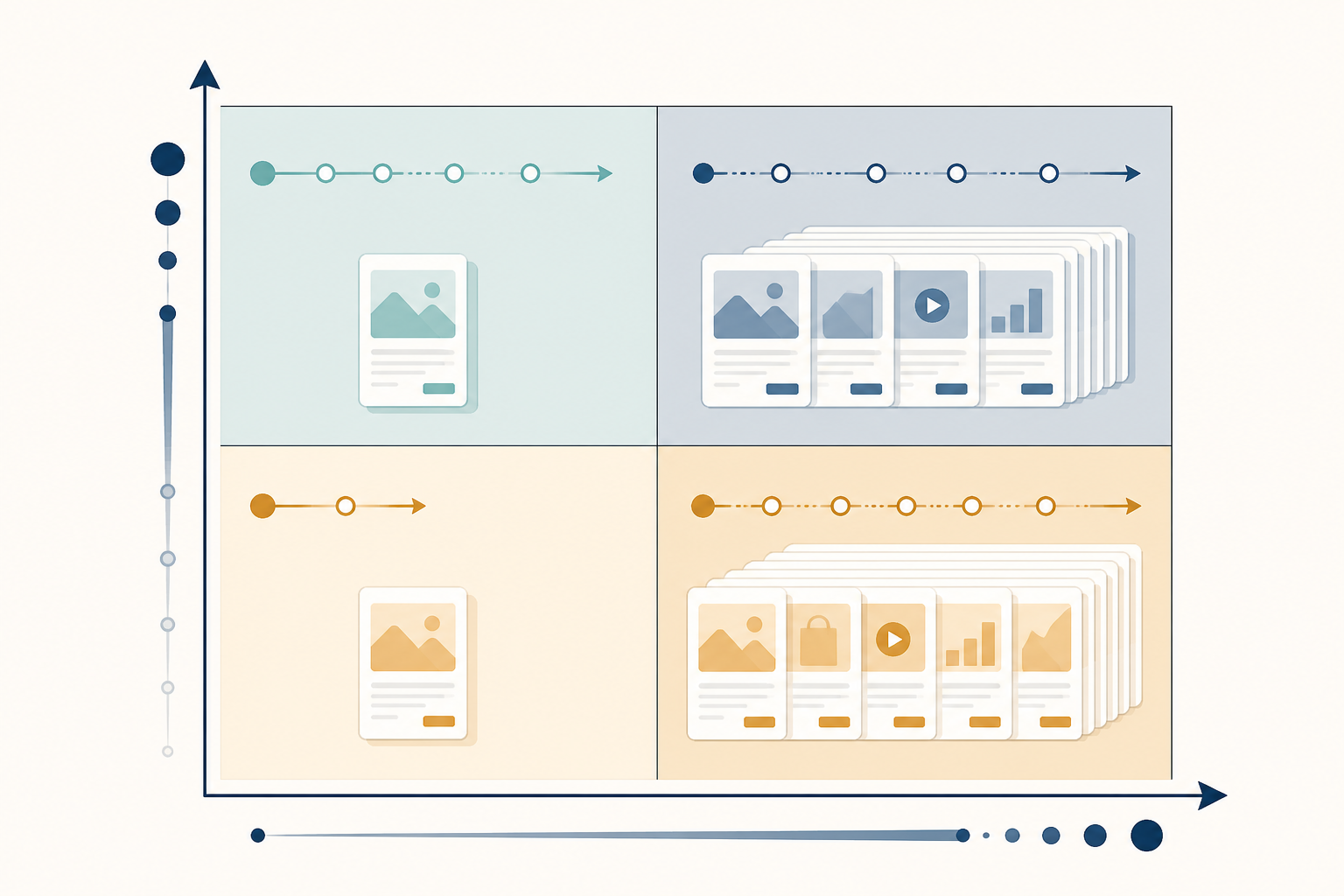 Comparison: A 2x2 comparison matrix graphic with 'Creative Volume' on one axis (High/Low) and 'Duration' on the other (Short/Long), each quadrant labelled with its strategic meaning: Testing Phase, Scaled Campaign, Early Pilot, Evergreen Winner. Clean grid design suitable for a blog post, muted professional colours. for What Ad Frequency Really Tells You About a Competitor's Strategy