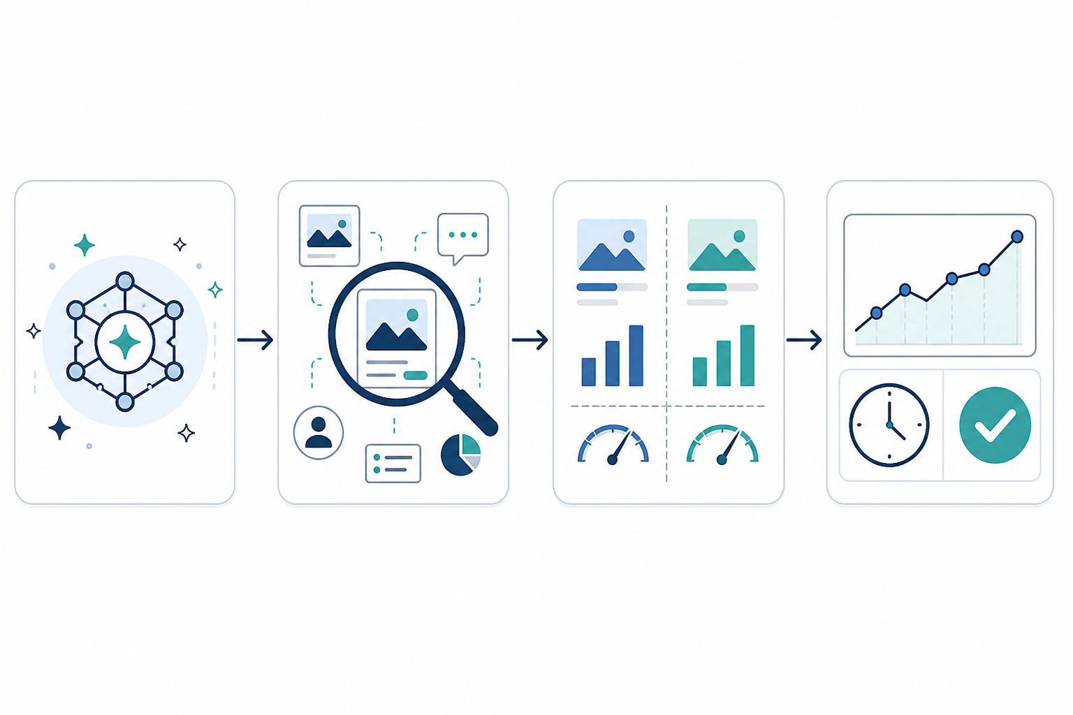 Chart: A simple flowchart diagram showing a four-step validation process a media buyer follows after receiving an AI insight, from cross-checking context to tracking prediction accuracy over time, in a clean minimalist style for What AI-Generated Ad Analysis Tells Media Buyers Today