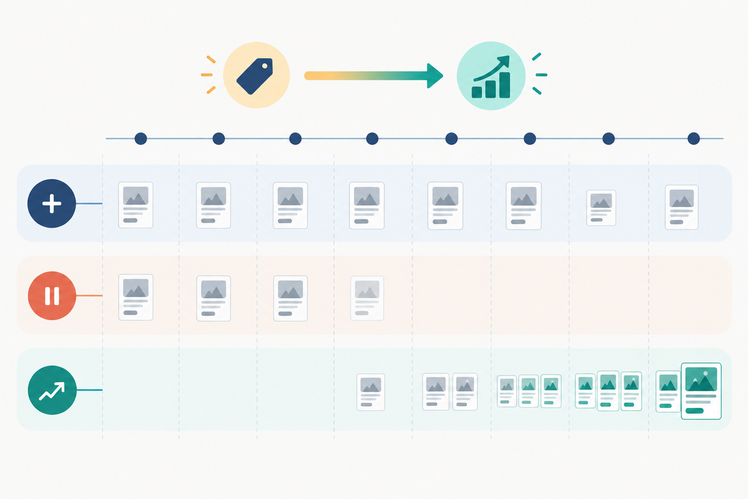 Diagram: Timeline diagram showing a competitor's ad messaging across eight weeks, with columns for new, stopped and scaling ads, and a highlighted shift in core claim from 'affordable' to 'built for scale for What Competitor Ad Messaging Reveals About Their Positioning