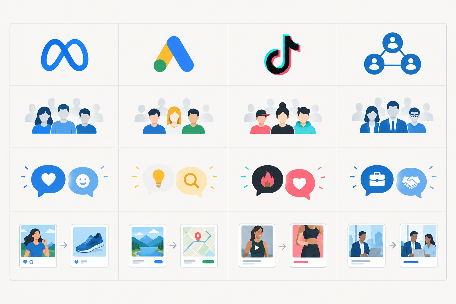 Comparison: Comparison table showing Meta, Google, TikTok and LinkedIn ads against rows for typical audience, tone, and what a messaging change signals for What Competitor Ad Messaging Reveals About Their Positioning