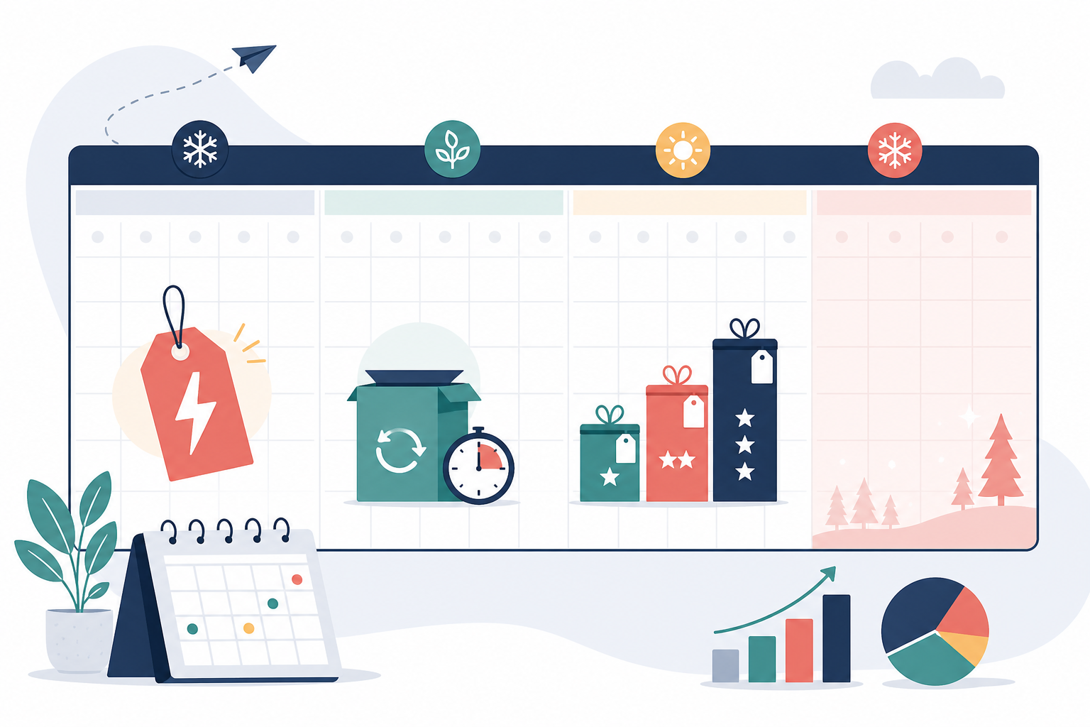 Illustration: Simple planning calendar mockup showing urgency tactics and offer tests distributed across quarters—flash sale in March, restock counter in June, tiered offer in September—minimal style for What Competitors' Black Friday Ads Teach You Year-Round