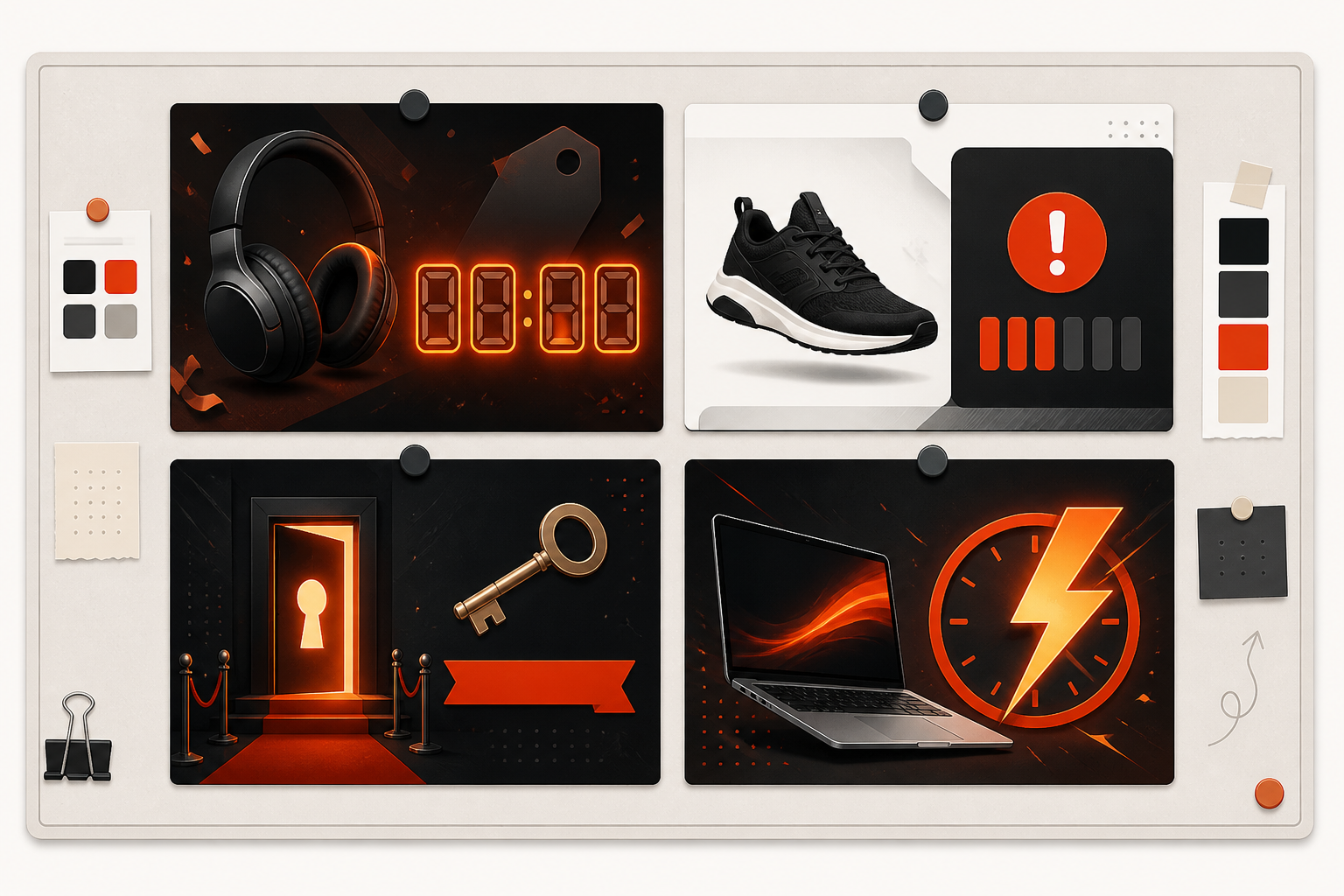Illustration: Grid of ad creative mockups showing urgency tactics: countdown timer, 'limited stock' badge, early access banner, and flash sale clock, arranged like a swipe file board for What Competitors' Black Friday Ads Teach You Year-Round