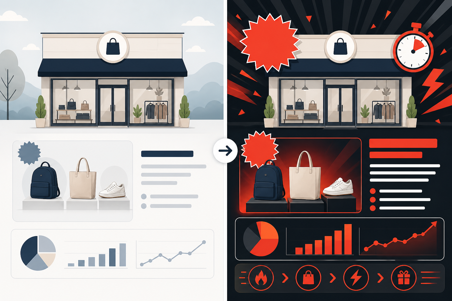 Infographic: Split-screen infographic showing a brand's 'normal month' ad versus its Black Friday ad, highlighting differences in copy intensity, discount size, and visual urgency cues, clean flat design for What Competitors' Black Friday Ads Teach You Year-Round