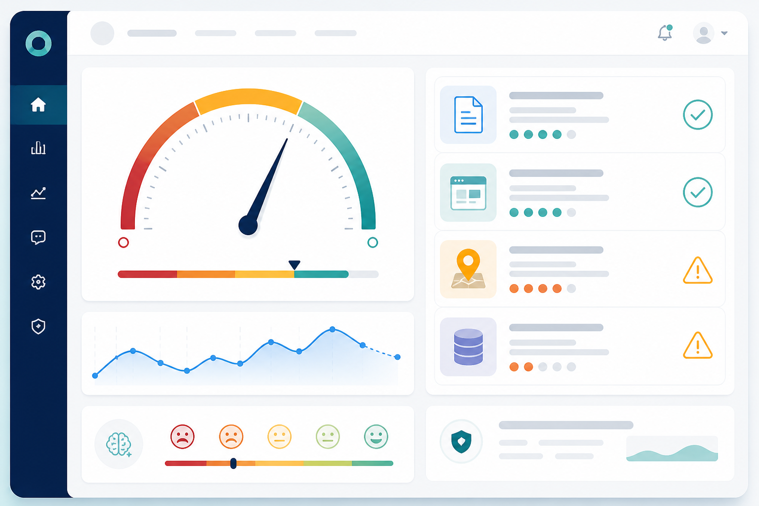 Illustration: A dashboard-style screenshot mockup showing an AI visibility score gauge from 0-100, alongside a list of citation sources and a sentiment indicator, in a clean SaaS product interface style for What Happens When AI Gets Your Business Info Wrong