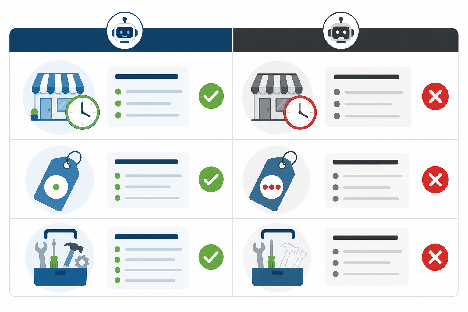 Comparison: A clean two-column comparison table graphic titled 'What the Business Actually Offers' vs 'What AI Told the Customer', showing rows for hours, price, and services with a red X marking each AI error for What Happens When AI Gets Your Business Info Wrong