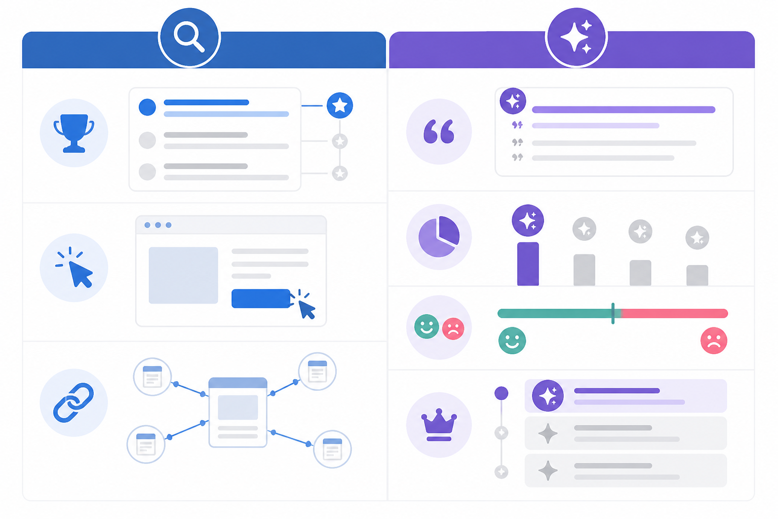 Comparison: A two-column comparison table graphic contrasting traditional SEO metrics (rankings, clicks, backlinks) against AI visibility metrics (citations, share of voice, sentiment, position-weighting), clean minimal table design for What Is AI Visibility and Why It Matters for Brands