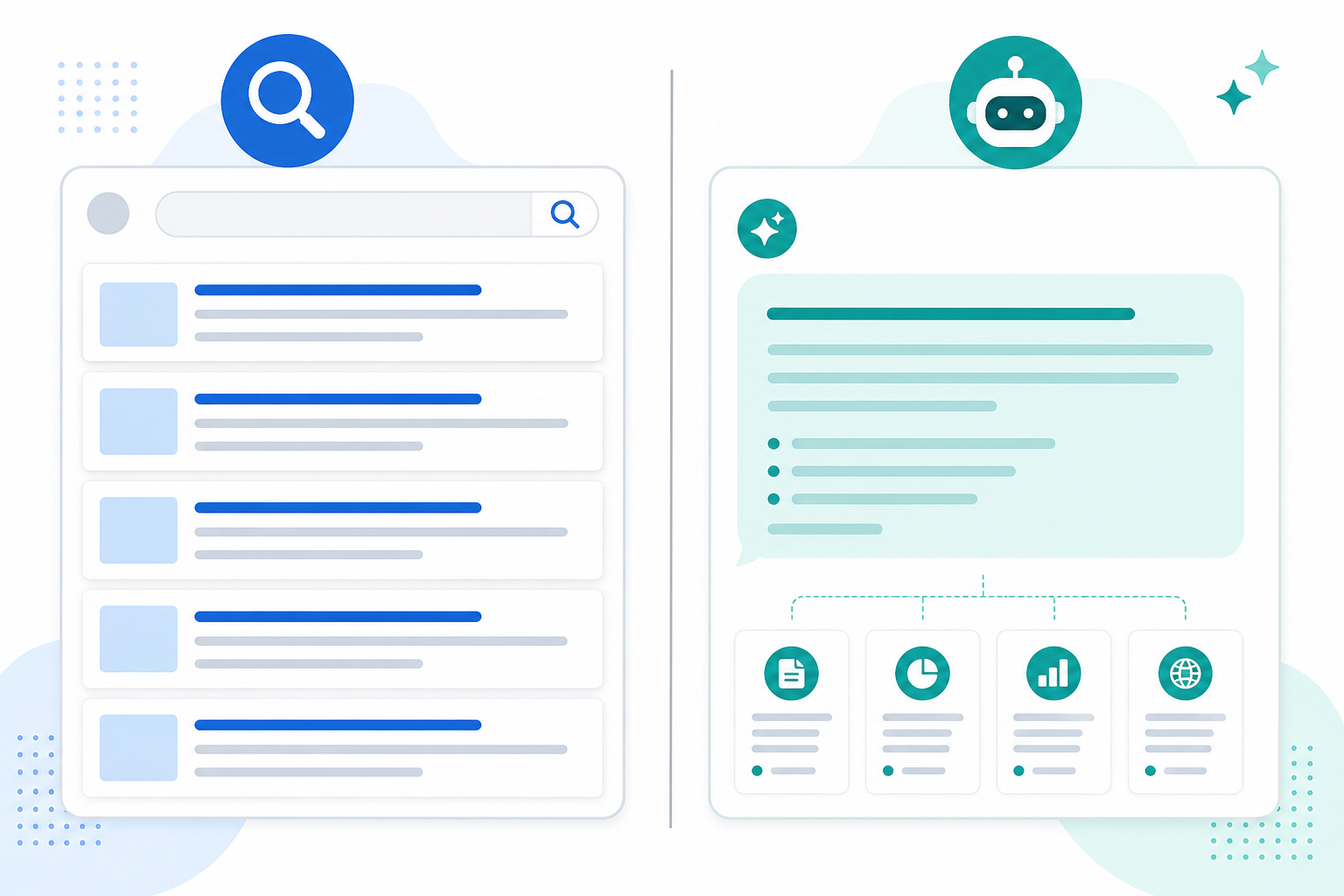 Infographic: Side-by-side comparison table graphic contrasting 'Traditional SEO' (ranked blue links list) versus 'AI Visibility' (single synthesised chat answer bubble with citation), clean two-column infographic for What Is AI Visibility and Why It Matters for Your Brand