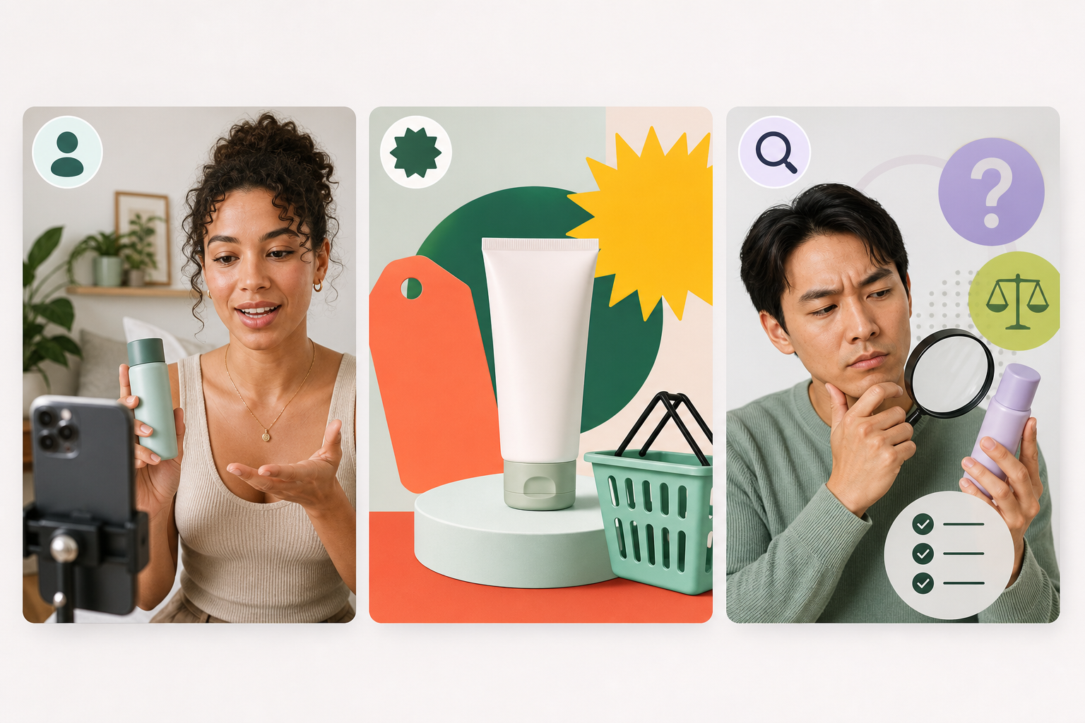 Illustration: Screenshot grid showing three example TikTok ad formats side by side — raw creator UGC, price-forward text overlay, and a scepticism-led hook for What TikTok Ad Trends Reveal About Consumer Behavior in 2025
