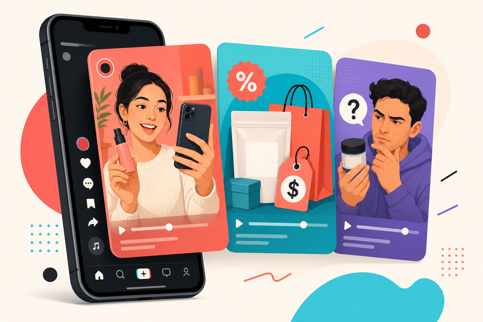 Illustration: Header illustration showing a TikTok feed with three overlapping ad formats — creator UGC, price callout, and scepticism hook for What TikTok Ad Trends Reveal About Consumer Behavior in 2025
