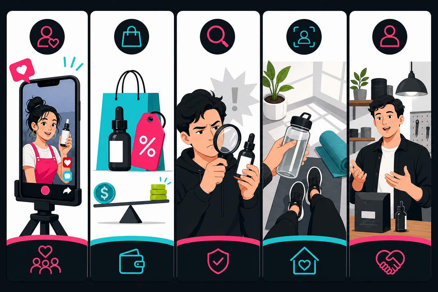 Infographic: Five-format infographic — icons for creator UGC, price-first, scepticism hook, POV/day-in-life, and founder-led, each with a one-line consumer behaviour signal for What TikTok Ad Trends Reveal About Consumer Behavior in 2025