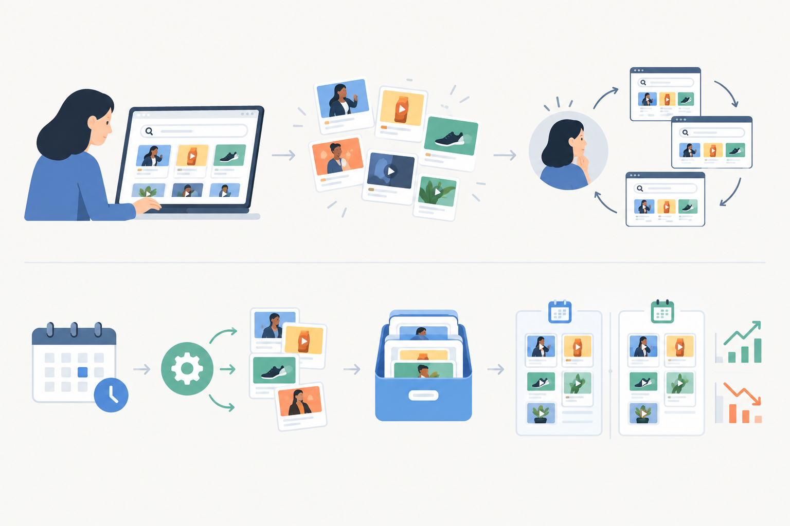 Diagram: Simple diagram comparing manual lookup via an ad library with automated weekly monitoring: two parallel flows showing effort, archive and week-over-week comparison, clean flat design with labelled icons for What TikTok Ad Trends Reveal About Your Competitors' Strategy