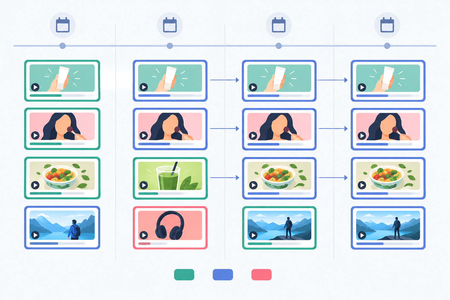 Chart: Timeline chart showing a hypothetical competitor's TikTok ads across four weeks, with colour coding for new, stopped and continuing ads to illustrate hook testing and scaling winners for What TikTok Ad Trends Reveal About Your Competitors' Strategy