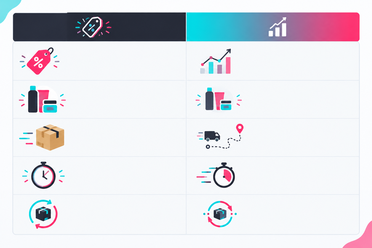 Comparison: Comparison table graphic listing offer types (percentage discount, bundle, free shipping, limited-time sale, subscription) against what each signals about competitor strategy, clean readable layout for What TikTok Ad Trends Reveal About Your Competitors' Strategy