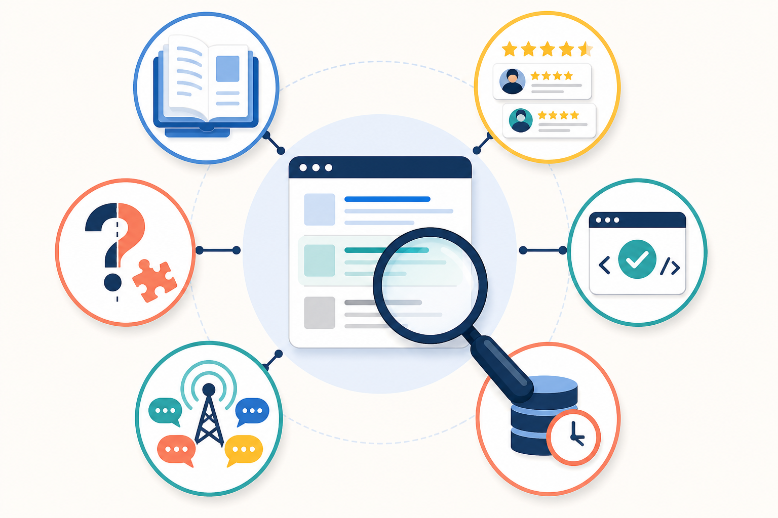 Infographic: An infographic listing six common causes of AI recommending a competitor, each with a small icon (content depth, reviews, technical legibility, training data lag, share of voice, query mismatch) arranged around a central magnifying glass over a search result for What to Do When AI Recommends Your Competitor First