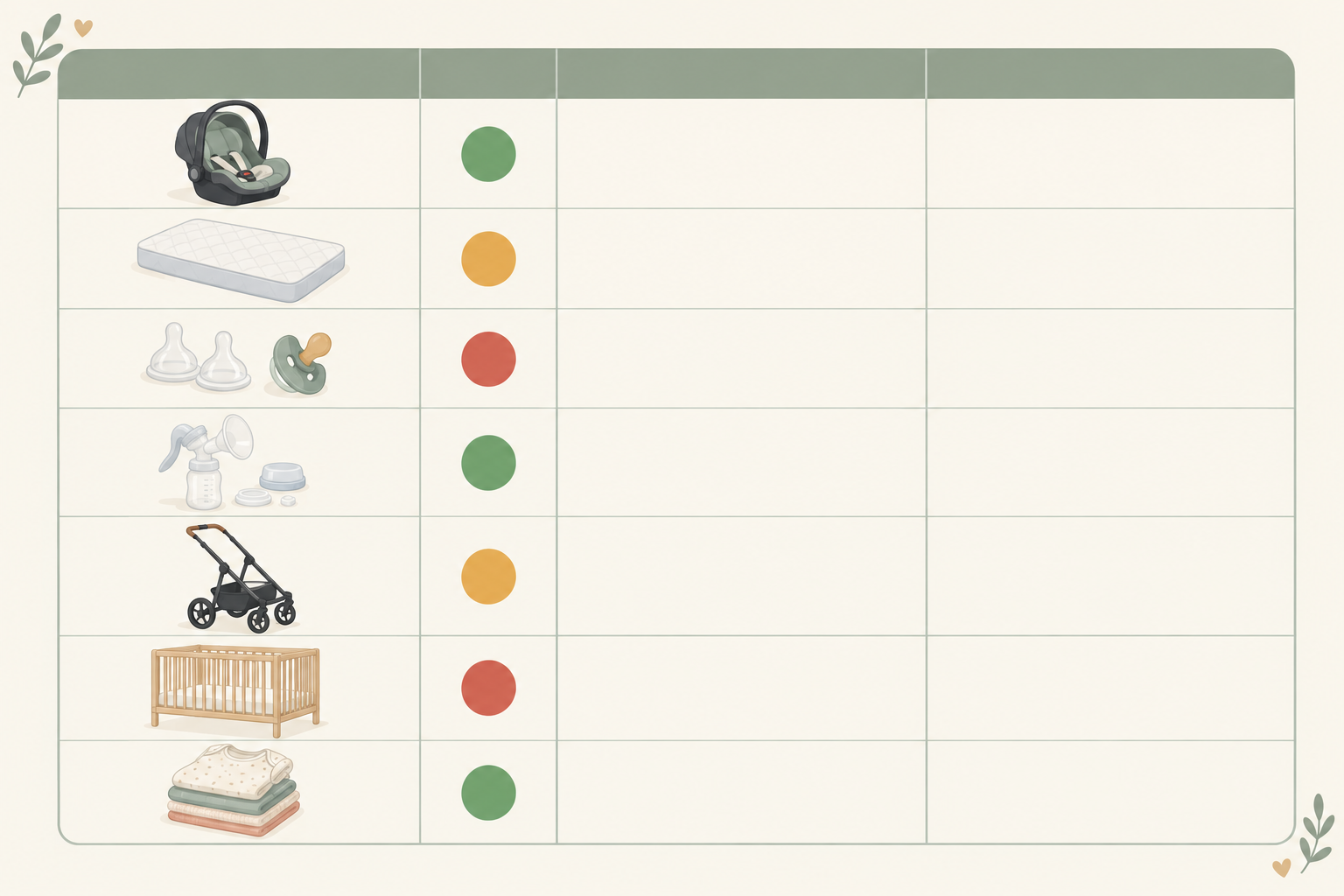 Comparison: Comparison table graphic with columns Item, Reuse?, Why, What to check, listing car seat, cot mattress, teats and dummies, pump parts, pram frame, cot frame and clothing, with colour-coded green, amber and red indicators, warm neutral design for What to Register For (and Skip) With Your Second Baby