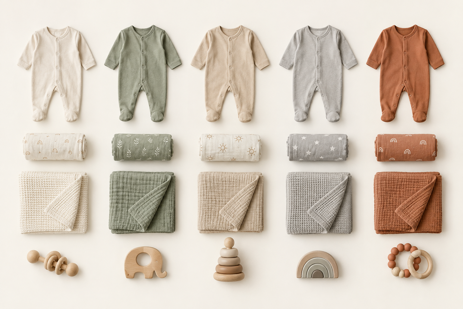 Infographic: Colour palette infographic showing five gender-neutral shades (oat, sage, sand, soft grey, warm terracotta) with example baby items such as sleepsuit, swaddle, wooden toy and blanket in each tone, minimalist styling for What to Register For (and Skip) With Your Second Baby