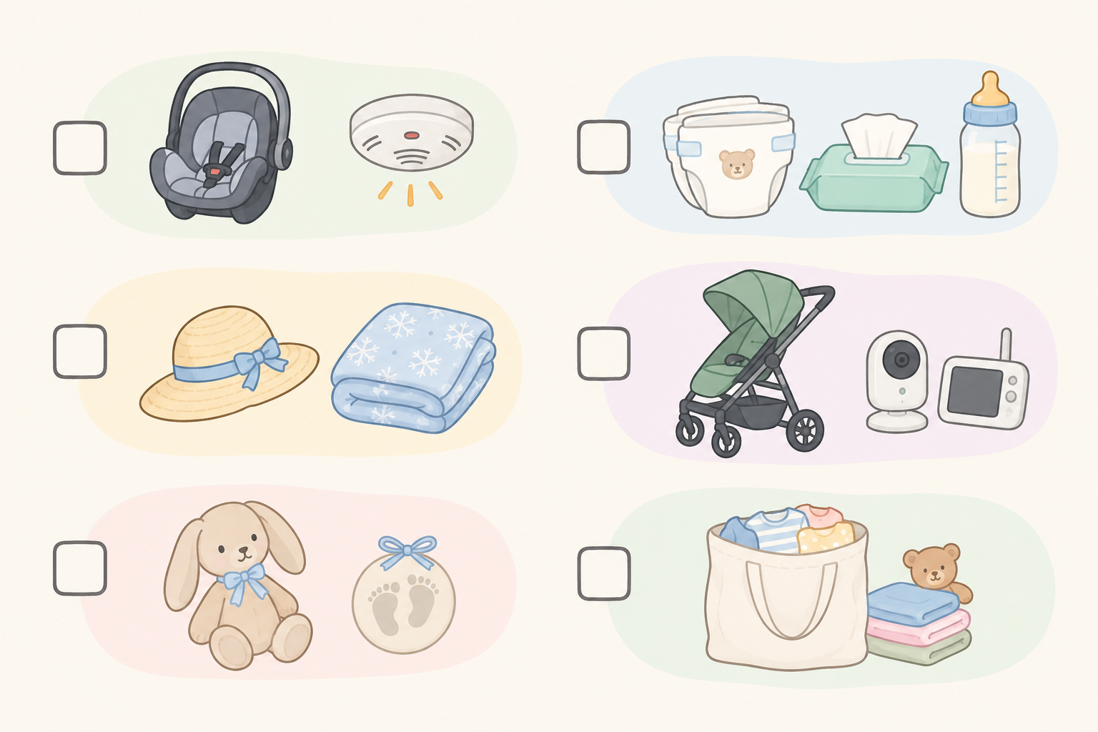 Infographic: Printable-style baby registry checklist infographic with categories (Safety replacements, Hygiene and feeding, Seasonal essentials, Upgrades, Something special for baby two, Hatch Bag donation) with tick boxes, friendly hand-drawn style in soft pastel colours for What to Register For (and Skip) With Your Second Baby