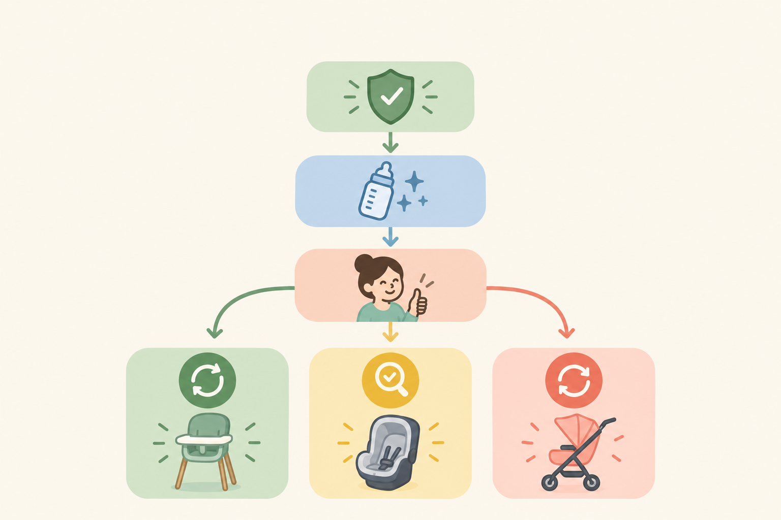 Chart: Clean, friendly flowchart titled 'Reuse or Replace?' showing three decision questions (Safety-critical? Hygiene-sensitive? Did it work for you?) leading to 'Reuse', 'Check first' or 'Replace' outcomes, soft pastel palette, simple icons for What to Register For (and Skip) With Your Second Baby