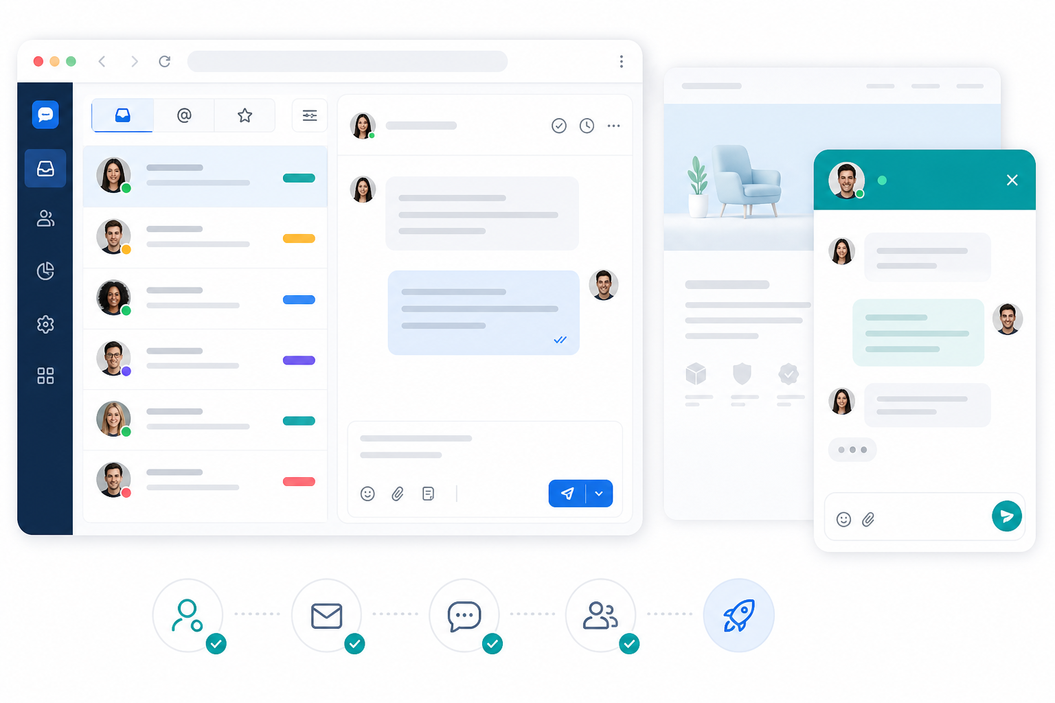 Illustration: style mockup of a shared inbox dashboard with a live chat widget open on a sample website, clean UI, labels showing 'setup in under 5 minutes for What to Test During Your 7-Day Free Trial (No Card Needed)