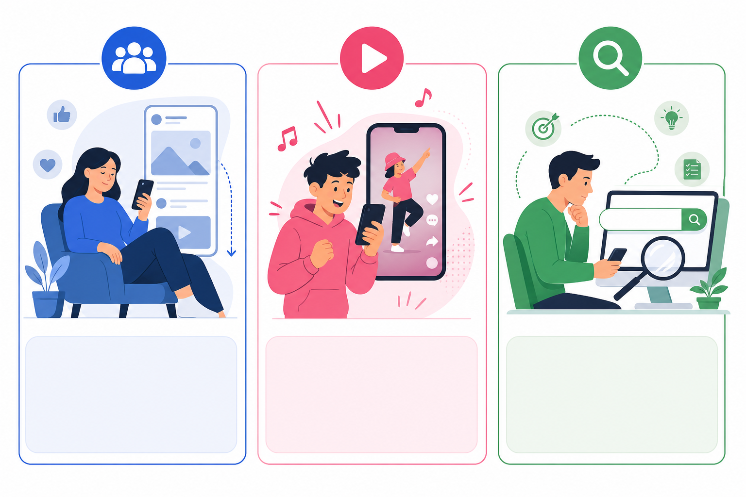 Diagram: A simple diagram showing three audience mindsets side by side—'Passive Scroll' (Meta), 'Entertainment Mode' (TikTok), and 'Active Search Intent' (Google)—each with a small icon representing user behavior, in a minimal flat illustration style. for What Winning Ad Angles Look Like Across Meta, TikTok & Google