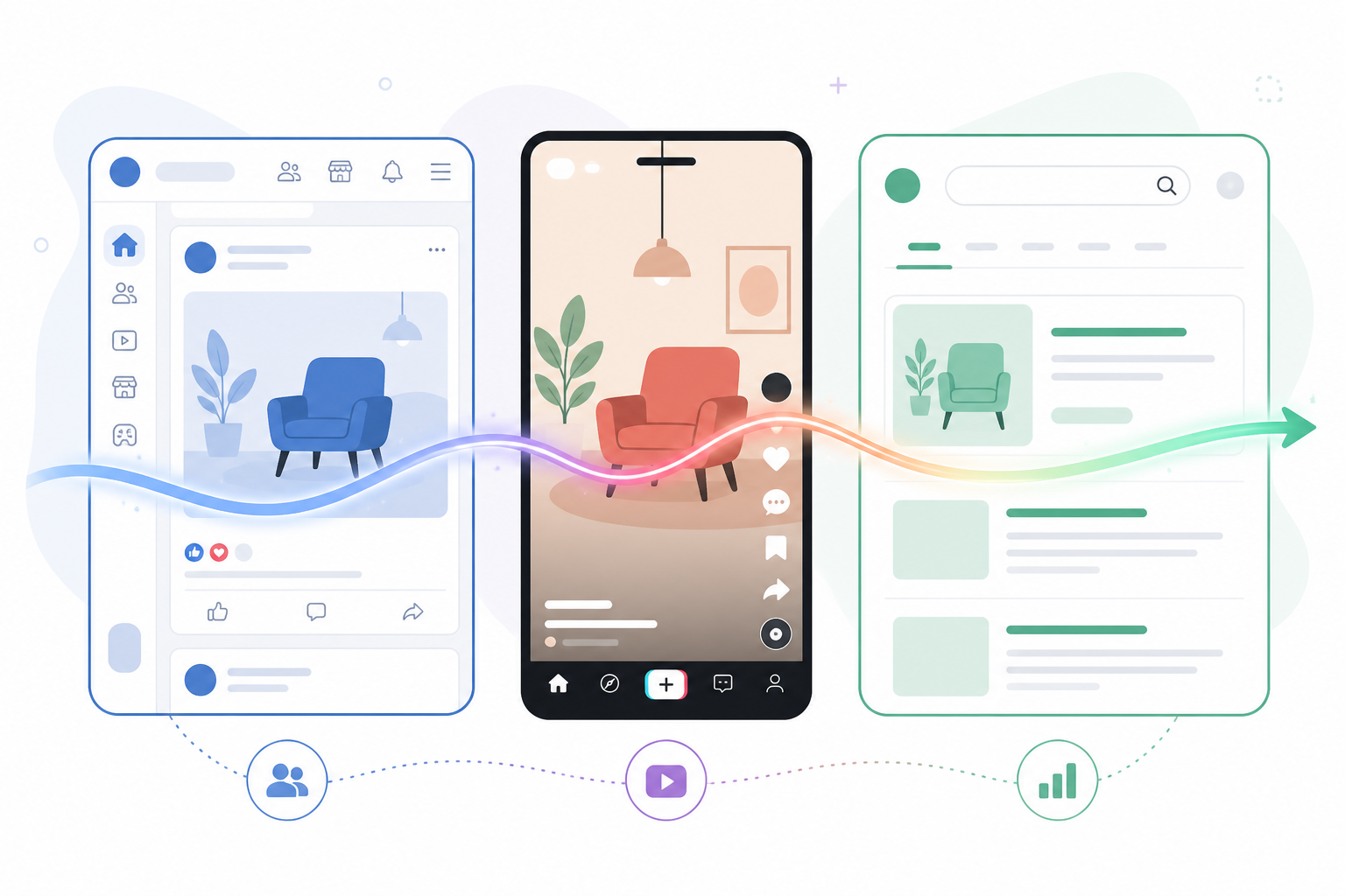 Illustration: A minimal flat-illustration header graphic showing three connected but distinct screens — a Meta feed, a TikTok video, and a Google search results page — linked by a single glowing thread representing one core message, in a clean modern style. for What Winning Ad Angles Look Like Across Meta, TikTok & Google