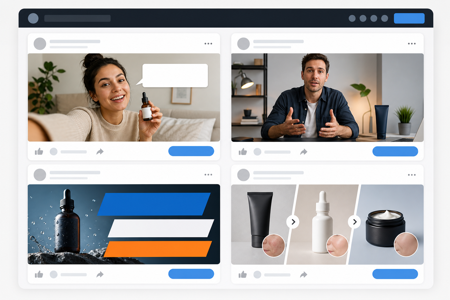 Comparison: A mock Meta ad feed mockup highlighting four creative styles: UGC testimonial, founder-led video, text-overlay hook, and comparison carousel, labeled clearly, in a clean product-screenshot style. for What Winning Ad Angles Look Like Across Meta, TikTok & Google