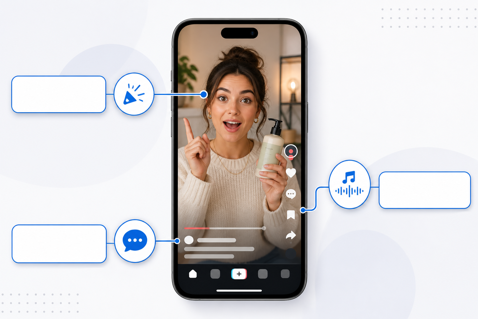 Illustration: A vertical phone-screen mockup of a TikTok ad interface showing a creator mid-hook with bold on-screen text, surrounded by small annotation callouts pointing to the hook, trend sound icon, and comment bait caption. for What Winning Ad Angles Look Like Across Meta, TikTok & Google