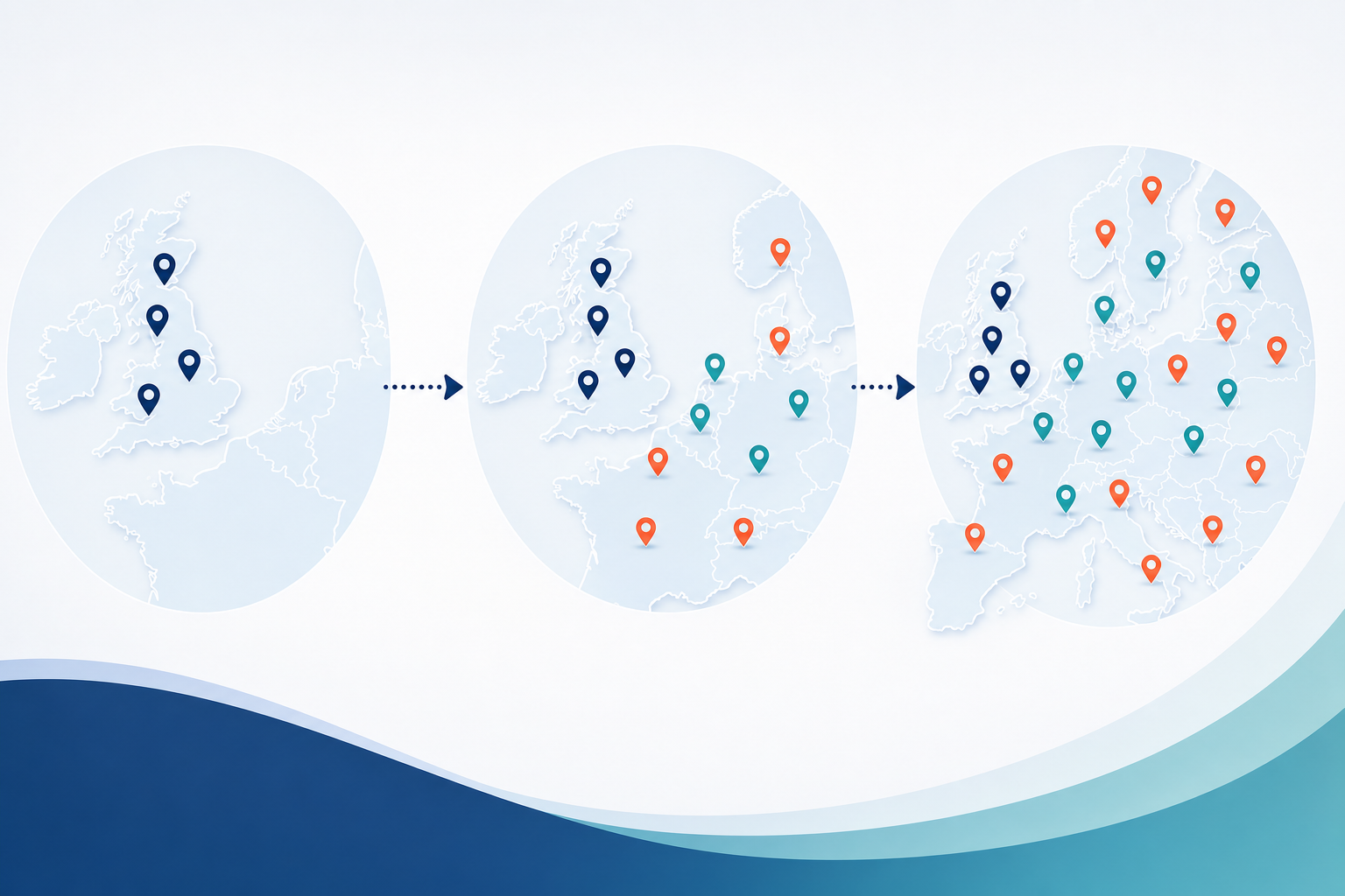 Infographic: A simple map of the UK and Europe with pin markers appearing in new regions over time, representing expanding ad targeting, in a clean flat infographic style for What Your Competitor's Ad Spend Signals About Growth Plans