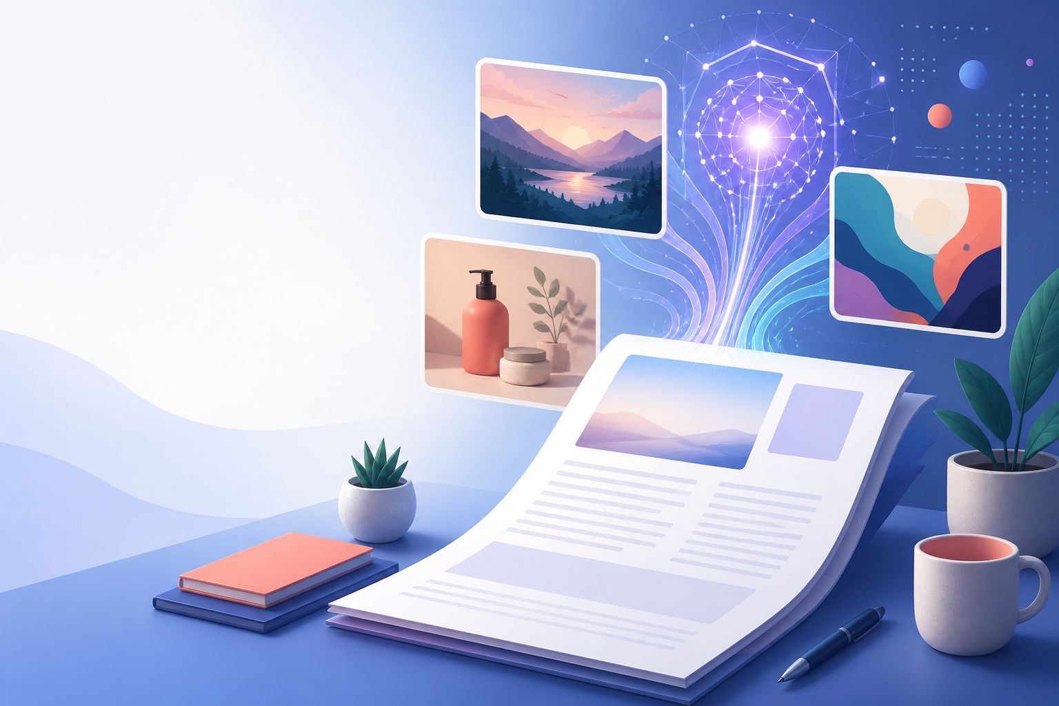 Illustration: Header/hero visual representing the concept of AI-generated imagery in blog content, blending abstract digital illustration with editorial-style elements for When and How to Use AI-Generated Images in Blog Posts